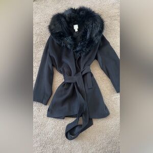 H&M Black Coat with Faux Fur Trim